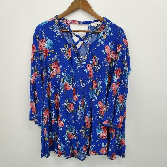 Umgee Tunic Top Womens Size M Blue Pink Floral Criss Cross V-Neck Boho Fairy - Picture 3 of 14